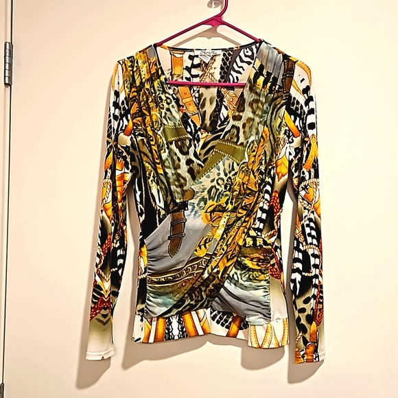 ELYSSE 26 equestrian feathers straps animal print top tunic brown green Sm. EUC - Picture 3 of 9